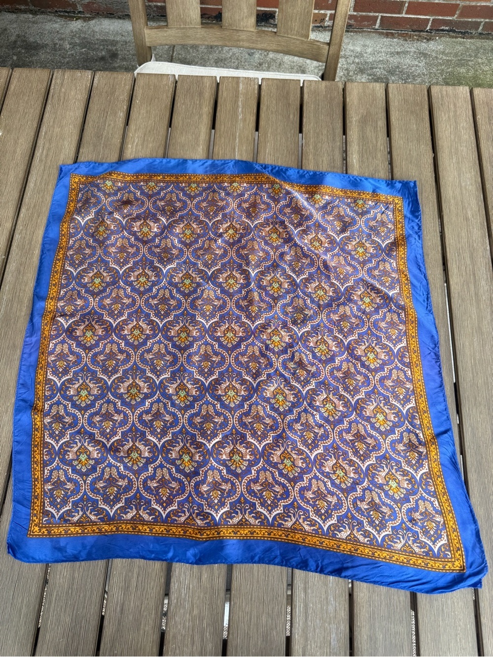 Vintage Blue Ornate Satin Square Scarf 27" x 27" Baroque Medallion Print